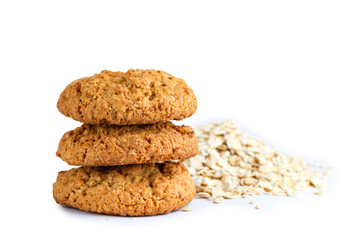 Isolated oatmeal cookies and cereals on a white background