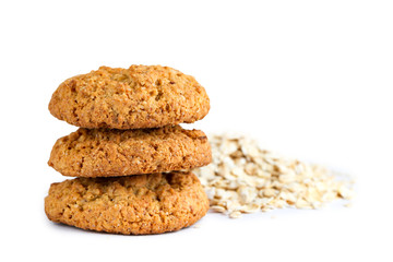 Isolated oatmeal cookies and cereals on a white background
