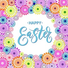 Fototapeta na wymiar Hand written Happy Easter typography lettering. Modern calligraphy. Vector lettring in floral frame with creative chamomile flowers. Easter poster for advertising, design, party, print, web.