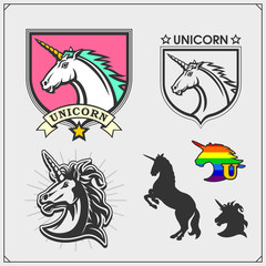 Set of Unicorn silhouettes and emblems. Print design for t-shirts and greeting cards. 