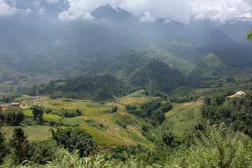 Cable car moving up and down, fansipan mountain near Sapa, Vietnam.Beautiful panoramic view in cloudy day from  Fansipan mountain near Sapa, Vietnam