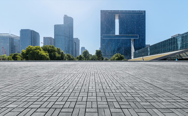 Panoramic skyline and buildings with empty concrete square floor，Qianjiang New Town，hangzhou,china
