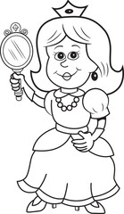 Black and white illustration of a princess holding a mirror.