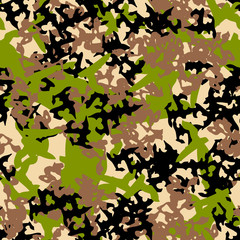 Forest camouflage of various shades of beige, black, green and brown colors
