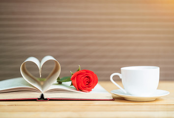 Page of book curved  heart shape and red rose