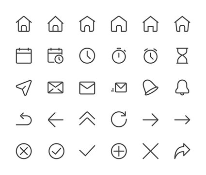 Basic interface small line icons. Home,clock and arrows, pixel perfect icons with editable icons. 16*16 px