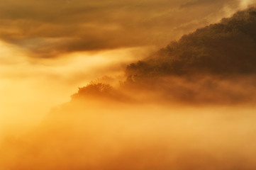 foggy spring morning. picturesque dawn. river canyon
