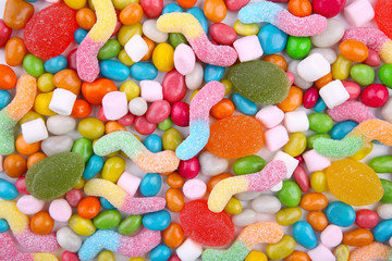 Fototapeta na wymiar Assorted mix of various candies and jellies