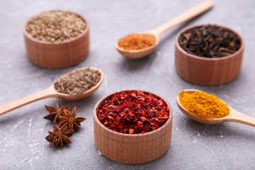 Spices mix on a grey background. Top view