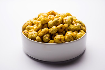 Roasted Phool Makhana or Crispy Lotus pops Seed served in a bowl, selective focus