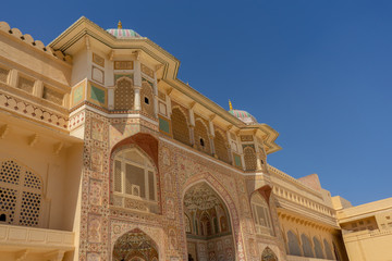 Beautiful view of Amber fort and Amber palace with its large ramparts and series of gates and cobbled paths, Constructed of red sandstone and marble. Located in Amer town Jaipur, Rajasthan, India