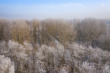 Rime and hoarfrost covering trees. Aerial view of the snow-covered forest and lake from above. Winter scenery. Landscape photo captured with drone.