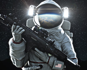 American military space soldier holding a weapon with Earth's reflection in the helmet. 3d rendering © Digital Storm