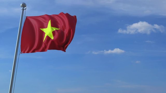 Commercial airplane landing behind waving Vietnamese flag. Travel to Vietnam conceptual animation