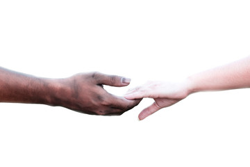 close up man and woman hands touching together with a dirty hand and a clean on white background for love concept valentine day, hold one's hands