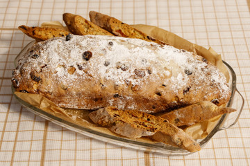 iced sugar cake filled with dried fruit