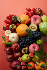 Fototapeta na wymiar Closeup, a wide variety of fruits background 