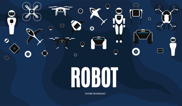 Modern robotic set vector illustration with stylish robot, drone, autonomous vehicle, flying car
