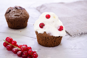 chocolate cupcake with cream, powdered sugar and berries