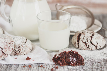 Handmade chocolate cookies, glass and jug with milk, blurred background
