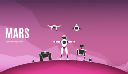 Modern robotic set vector illustration with stylish robot, drone, autonomous vehicle, rocket on mars planet