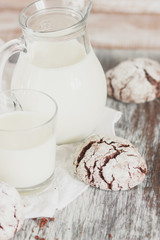 Handmade chocolate cookies, glass and jug with milk, blurred background