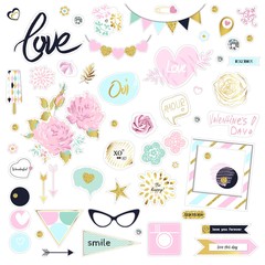 Set of cute pink and gold vector illustrations. Stickers pack for scrapbooking. Flowers, sunglasses, diamonds, sweet, hearts. Refined chipbord design.
