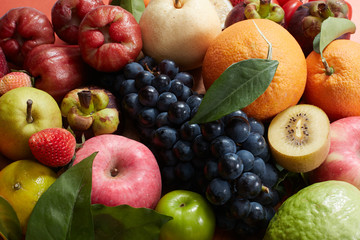 Closeup, a wide variety of fruits background
