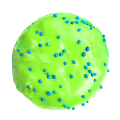 Green glazed donut with blue sugar frosting isolated on white background. Flat lay. Top view