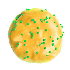 Glazed donut isolated on white background. Banana taste donut. Flat lay. Top view