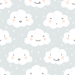 Seamless pattern with funny clouds and raindrops. Perfect for kids fabric, textile, nursery wallpaper. Vector Illustration.