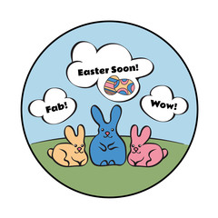 Round composition depicting three rabbits on the lawn. They're thinking about Easter. Vector illustration EPS10