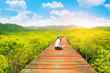 teen girl sit on wooden bridge relaxing with mangrove nature trail against beauty blue sky