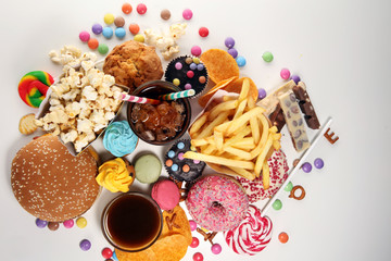 Unhealthy products. food bad for figure, skin, heart and teeth.