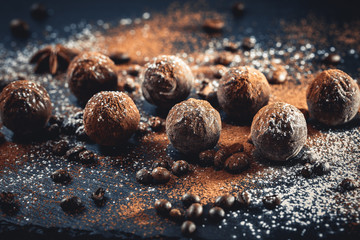 chocolate truffles on slate tray
