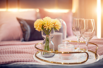 reserve eomantic drink on bed for honeymoon