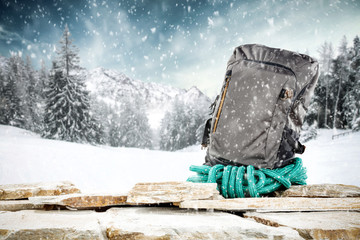 Winter backpack and snow decoration. Free space for your product. 