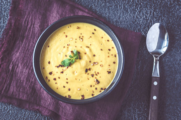 Bowl of lentil coconut creamy soup