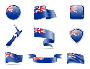 New Zealand flags collection. Flags and outline of the country.