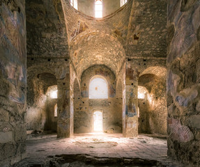 Colorful interior of a 13th centrury byzantine church of the Metropolis, at Mystras, Peloponnese, Greece.