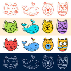 Hand draw cat, owl, whale, bear icon set in doodle style for your design