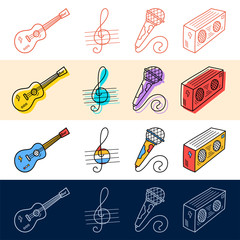 Hand draw guitar, note, microphone icon set in doodle style for your design