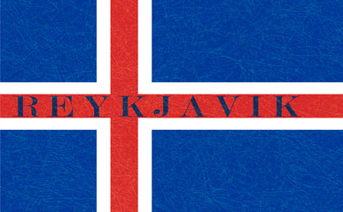 Fototapeta premium Reykjavik on textured background of Iceland flag. Flat style, vector illustration with noise, marble scratched backdrop. Grunge texture. Horizontal orientation.