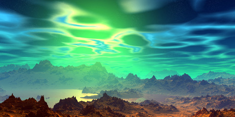 Alien Planet. Mountain and water. 3D rendering