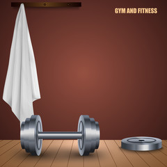Gym and fitness design poster with dumbbell towel