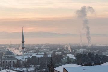 Smokes from chimneys in Erzurum, Turkey