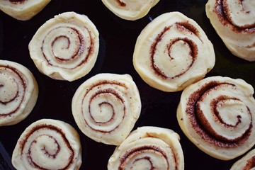 Obraz na płótnie Canvas Prepare delicious cinnamon cookies.Dough rolled into a roll, cut into small pieces.