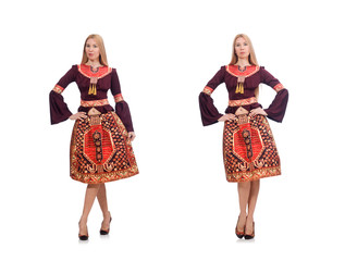 Woman in dress with oriental prints isolated on white