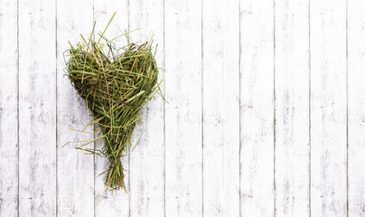 beautiful green grass. handmade nature heart as a sign of love on white wooden backdrop.