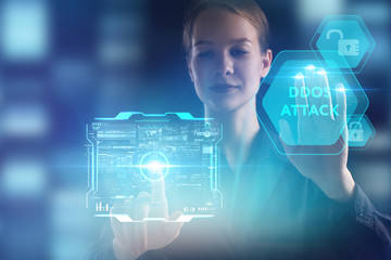 The concept of business, technology, the Internet and the network. A young entrepreneur working on a virtual screen of the future and sees the inscription: Ddos attack